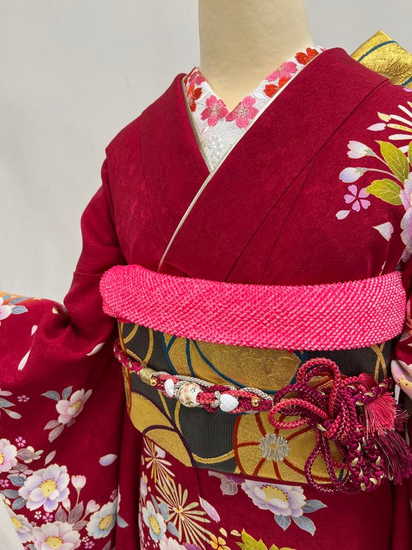 振り袖　フルセット　別誂長襦袢付　赤　成人式　金彩加工　刺繍入り　616