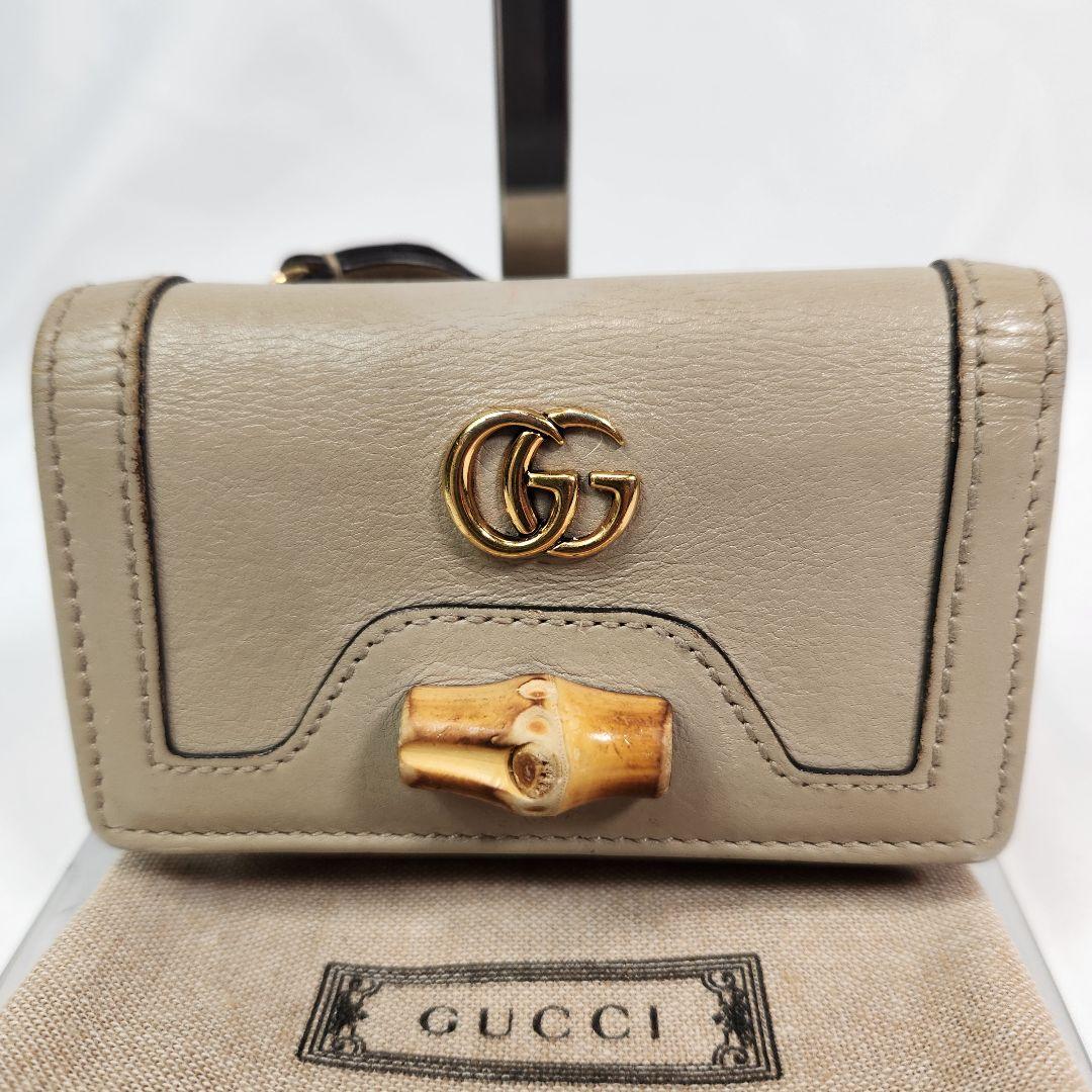 現行モデル　GUCCI マーモント バンブー 三つ折り財布 グレージュ 金具