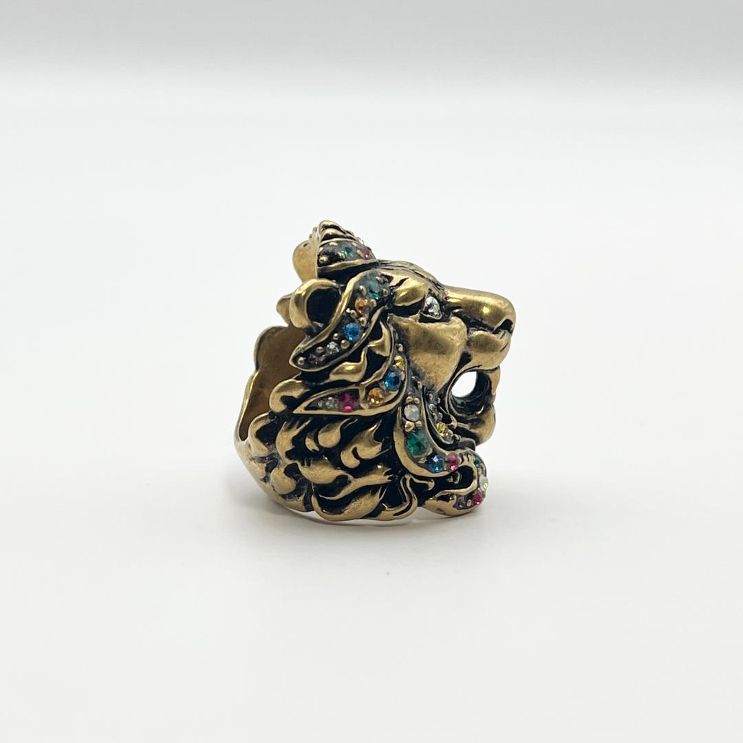 亀様 グッチ ライオンヘッド マルチカラー ラインストーン GP リング 指輪