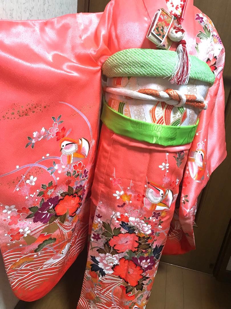 七五三7歳フルセット　サーモンオレンジ　牡丹　おしどり　祝い花❤️