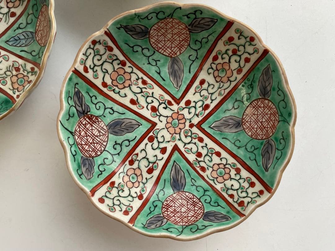 骨董　アンティーク　古伊万里　色絵　花唐草文様　膾皿　なます皿　3枚