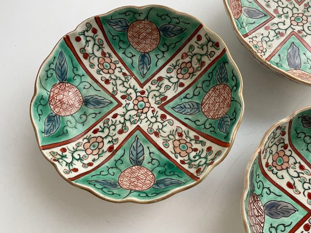 骨董　アンティーク　古伊万里　色絵　花唐草文様　膾皿　なます皿　3枚