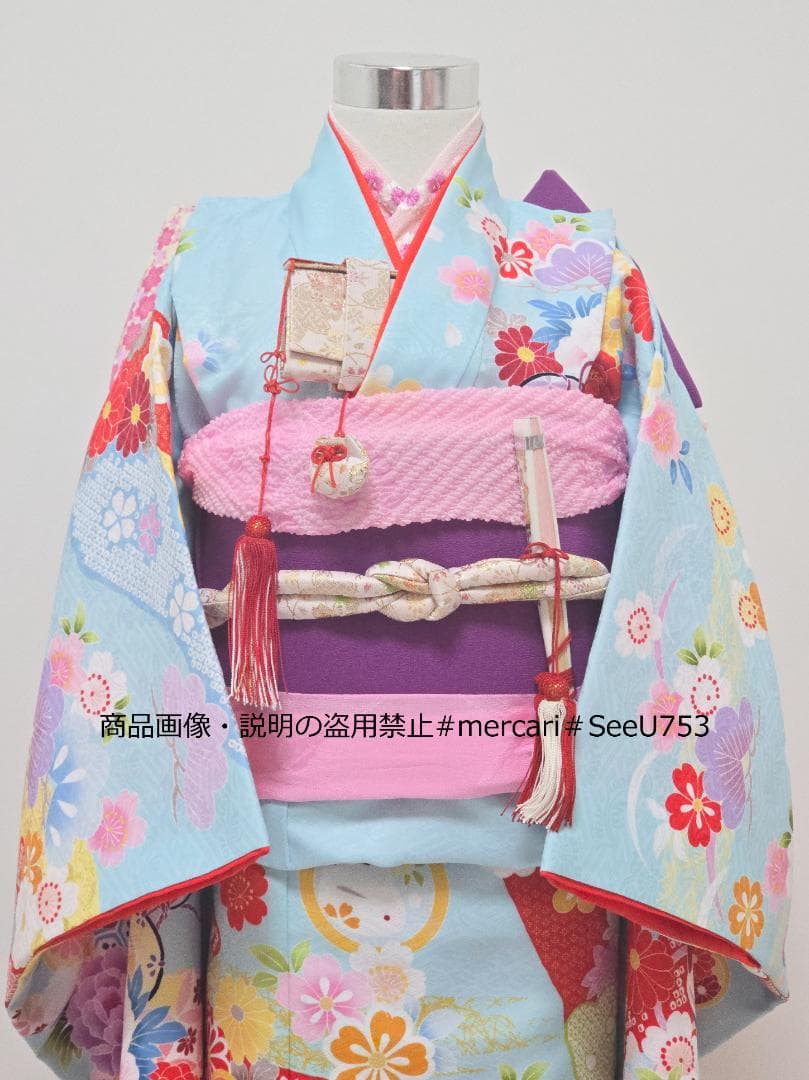 七五三　7歳　水色　着物　セット　女の子 *c56