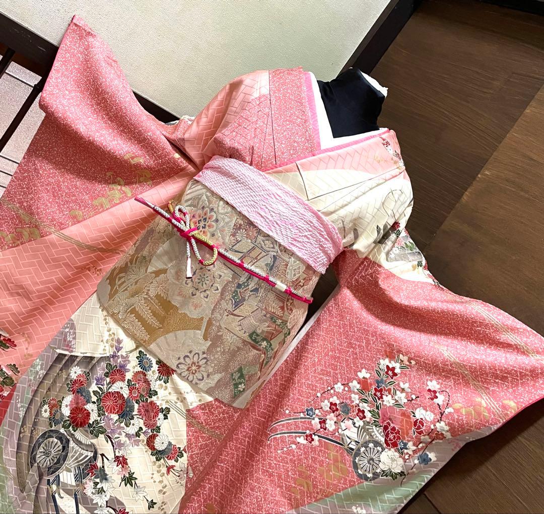振袖 フルセット6点サイズS〜M 花車文　金彩　正絹
