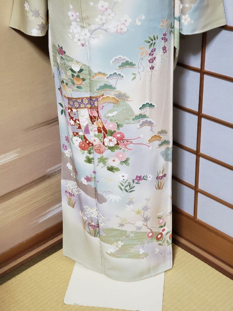 逸品SALE☆【着物帯セット＊】鶸色の古典柄訪問着　トールサイズ　裄68　入学式