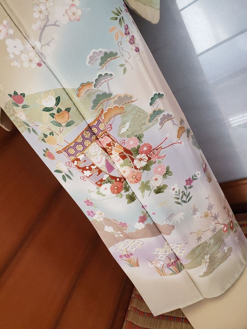 逸品SALE☆【着物帯セット＊】鶸色の古典柄訪問着　トールサイズ　裄68　入学式