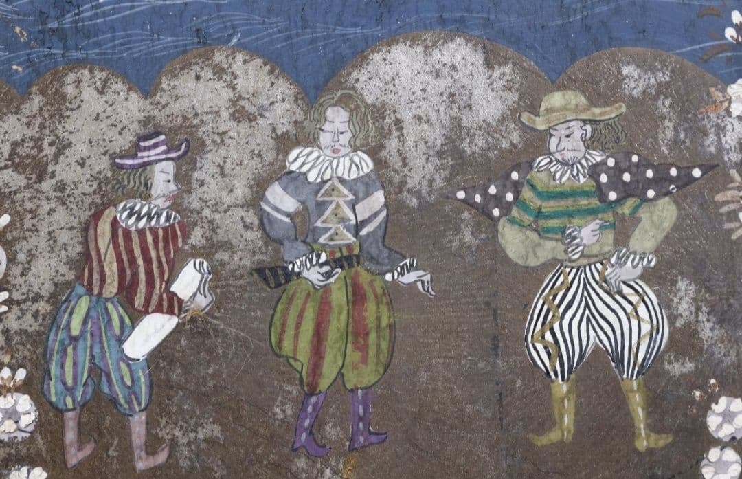 南蛮人図屏風 四曲一隻 時代名品 在銘 紙本彩色 旧家造出品