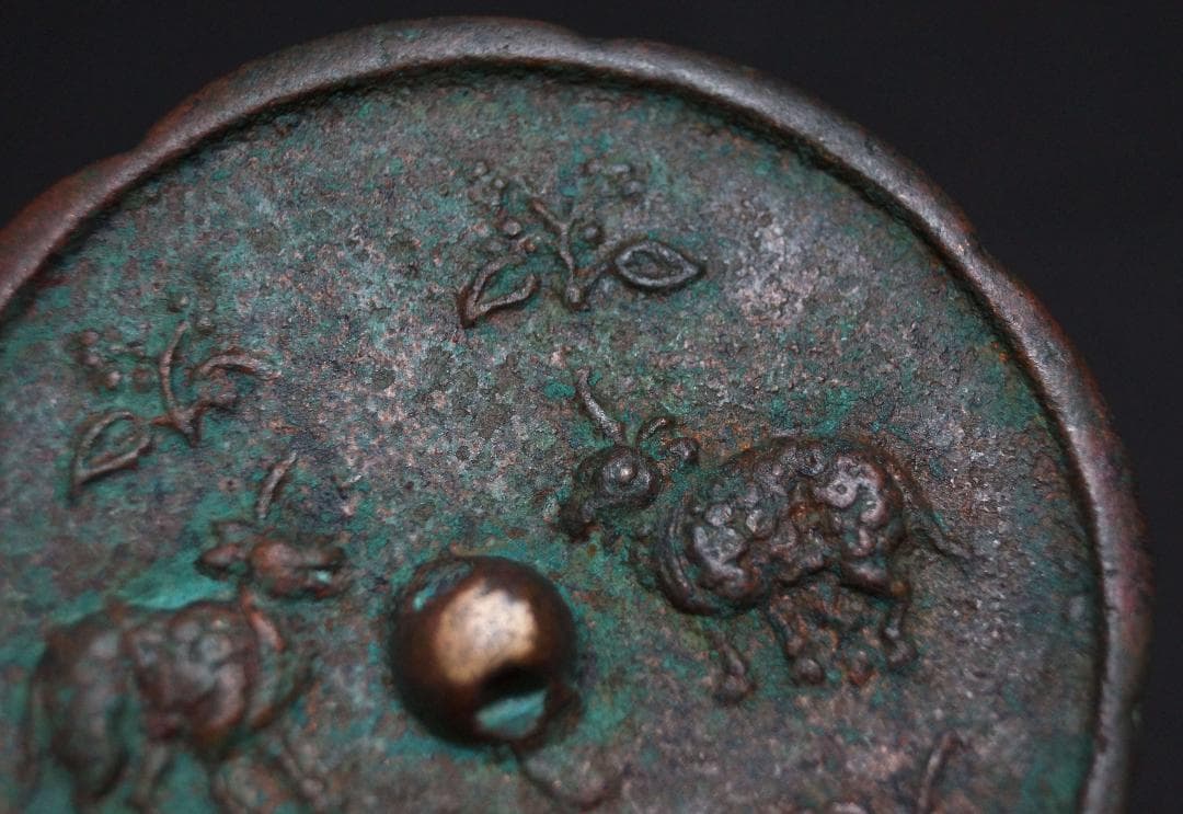 時代古銅鏡 金工細工『祥瑞双鹿文』銅鏡 小銅鏡☆