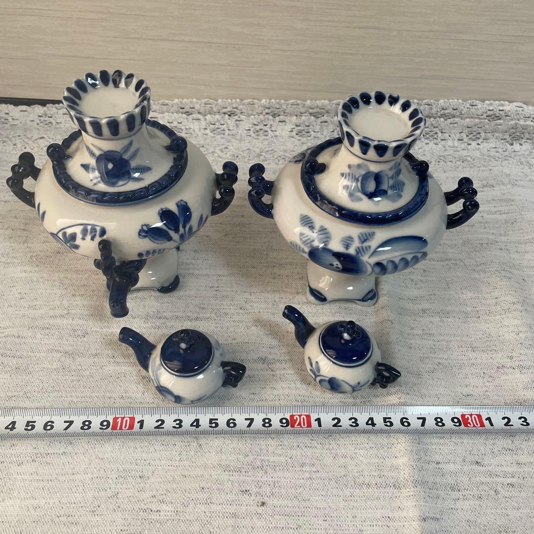 【値下げ】ロシア　グジェリ焼き　陶器 サモワール　ティーポット　ブルー　ペア