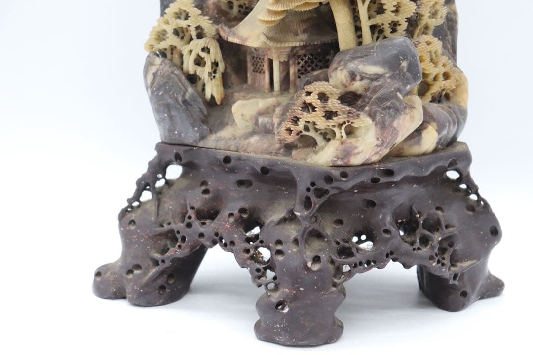 中国　寿山石　山水楼閣彫　置物　送料込み251015