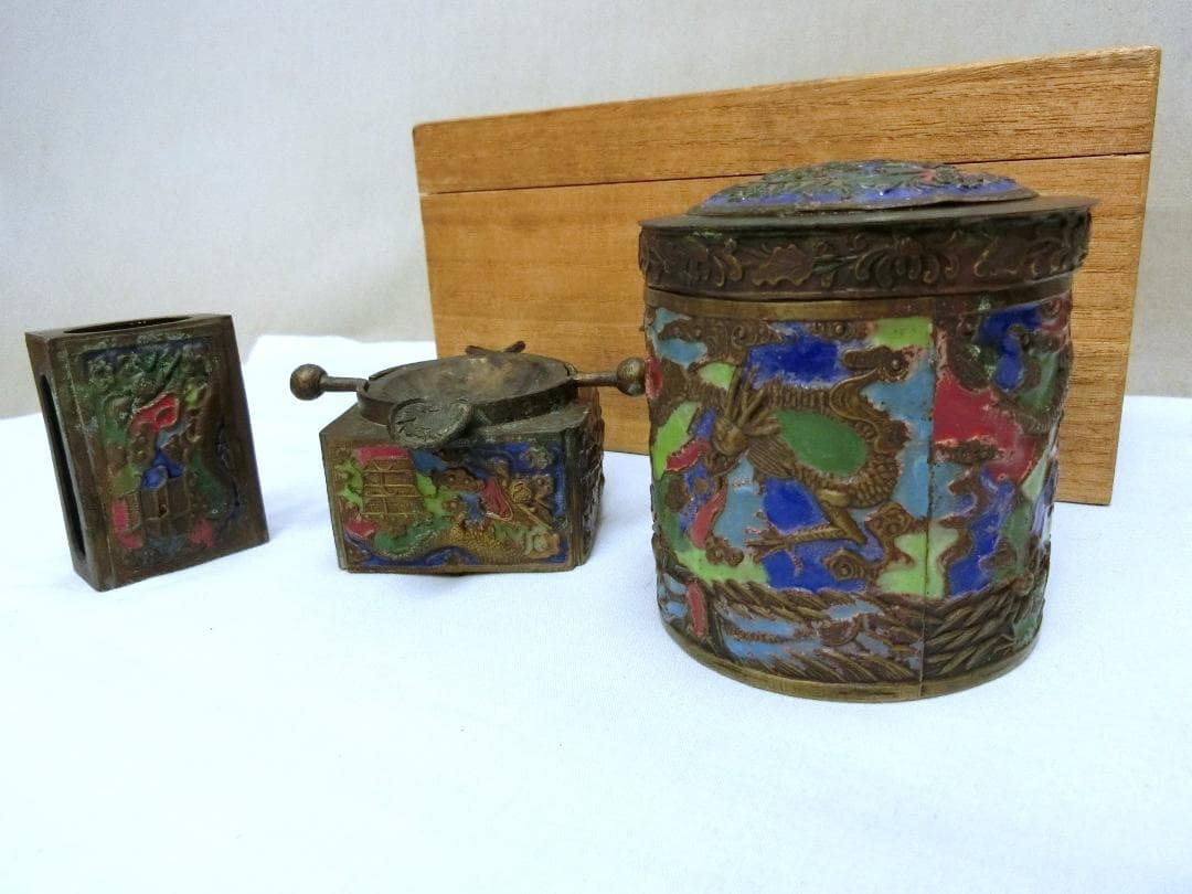 七宝細工！！【七宝容器　３点セット　煙草入れ　灰皿　マッチ立　中国】インテリア