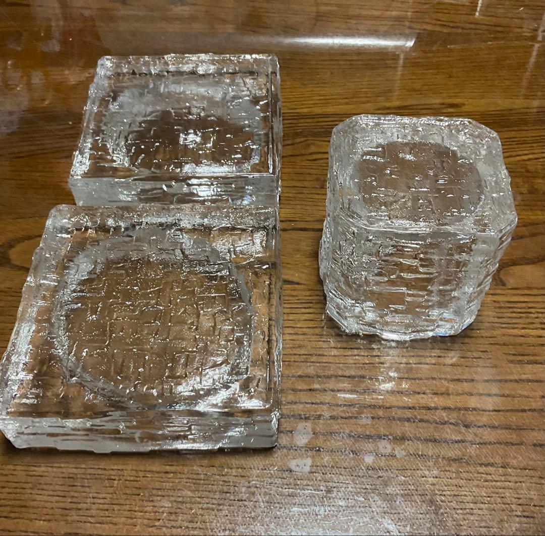 ガラス製　灰皿　四角プレート　ライター入れ3点セット　昭和レトロ