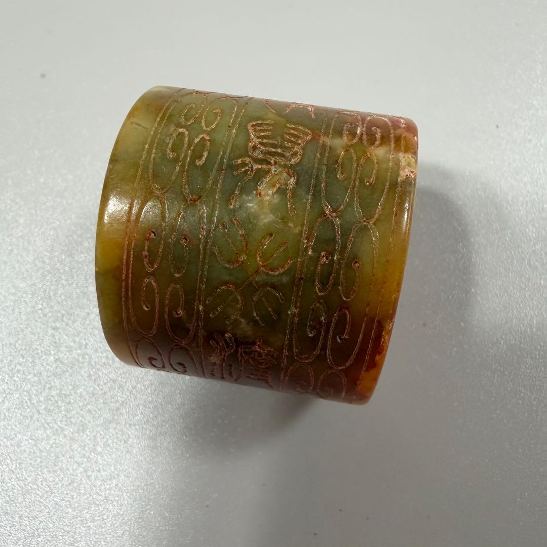 天然石　扳指　吉祥紋細工彫刻　時代物　古文　篆書