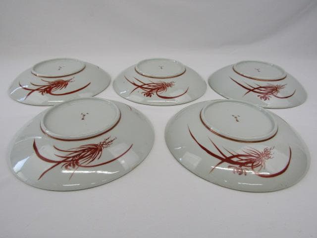 ◇明治期 九谷焼 朝日製 金彩赤絵 細密画 鳳凰文 中皿 5客 Y5-1029◇