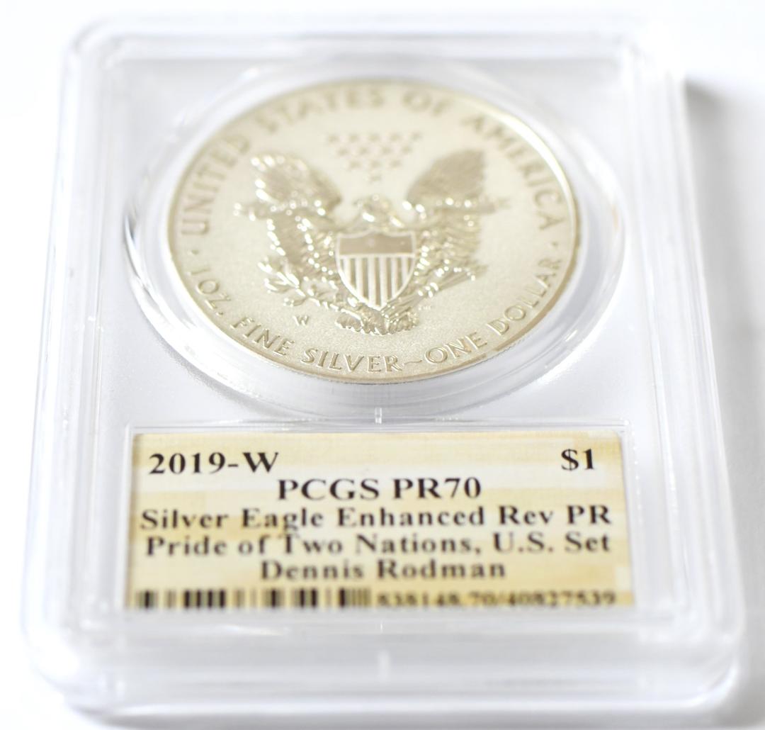 最高鑑定RevPR70　2019年イーグル銀貨　デニスロッドマン　サインラベル