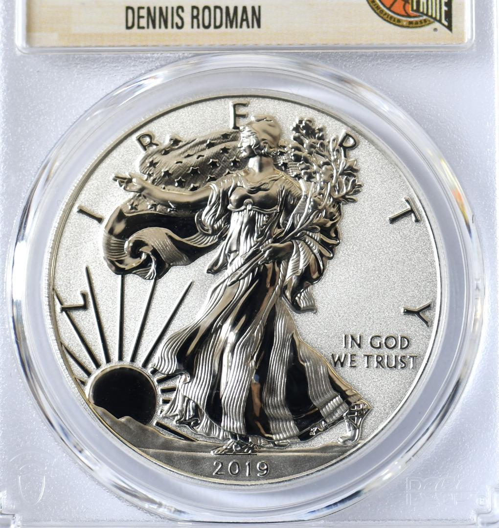 最高鑑定RevPR70　2019年イーグル銀貨　デニスロッドマン　サインラベル