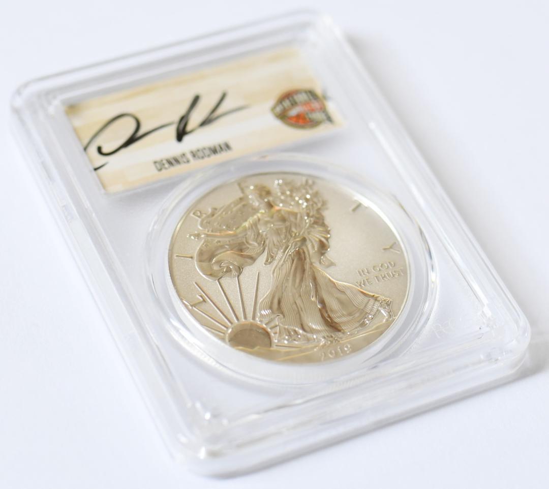 最高鑑定RevPR70　2019年イーグル銀貨　デニスロッドマン　サインラベル