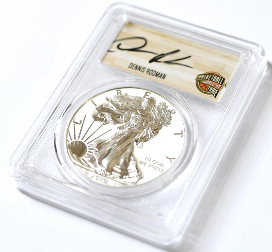 最高鑑定RevPR70　2019年イーグル銀貨　デニスロッドマン　サインラベル