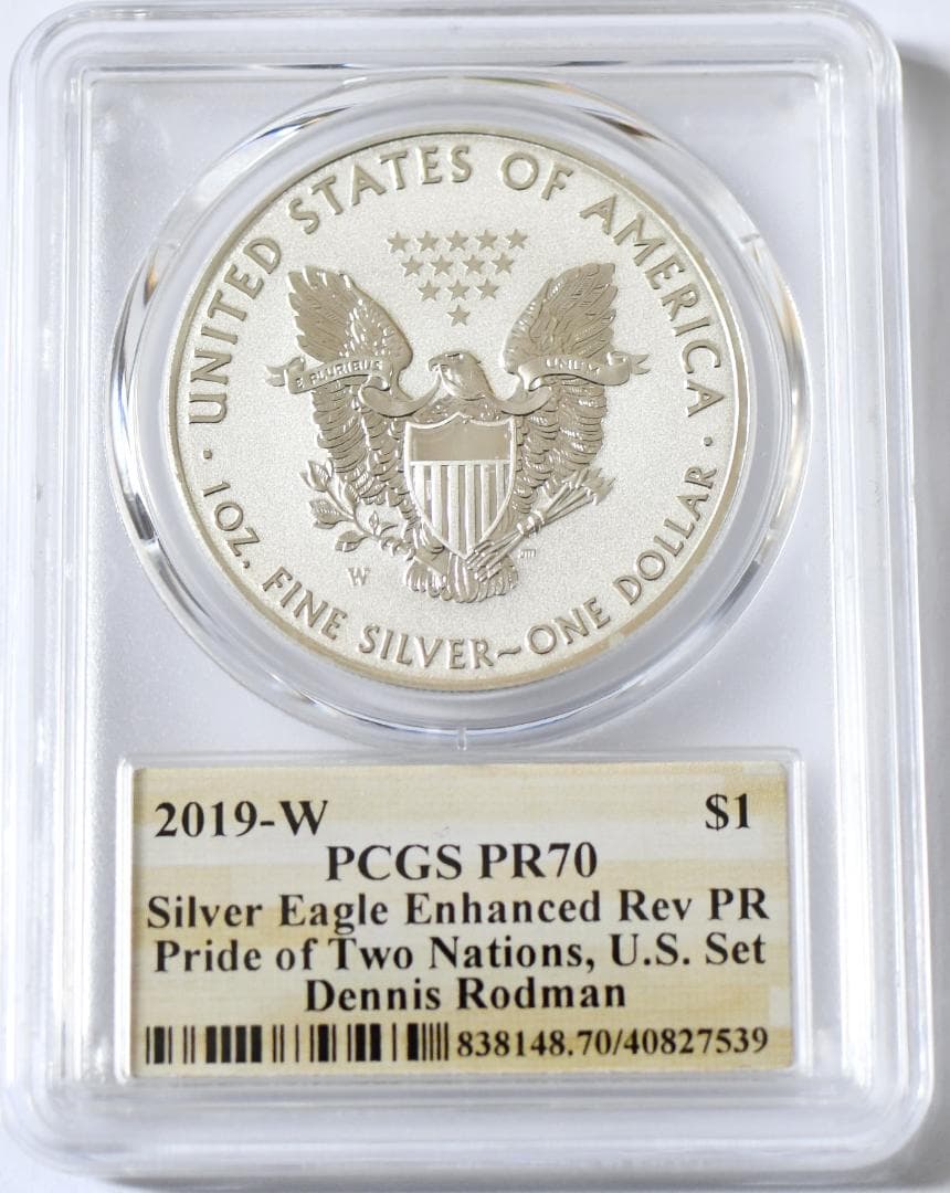 最高鑑定RevPR70　2019年イーグル銀貨　デニスロッドマン　サインラベル
