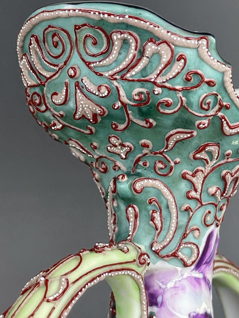 【美品】オールドニッポン ２２．２cm 花紋 一陳盛り花瓶 アールヌーボー様式