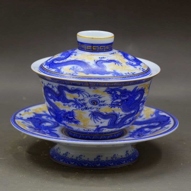 景徳鎮 青花竜紋三才蓋碗 茶碗 湯飲み煎茶器 新品未使用