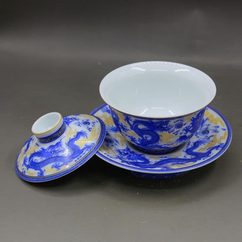 景徳鎮 青花竜紋三才蓋碗 茶碗 湯飲み煎茶器 新品未使用