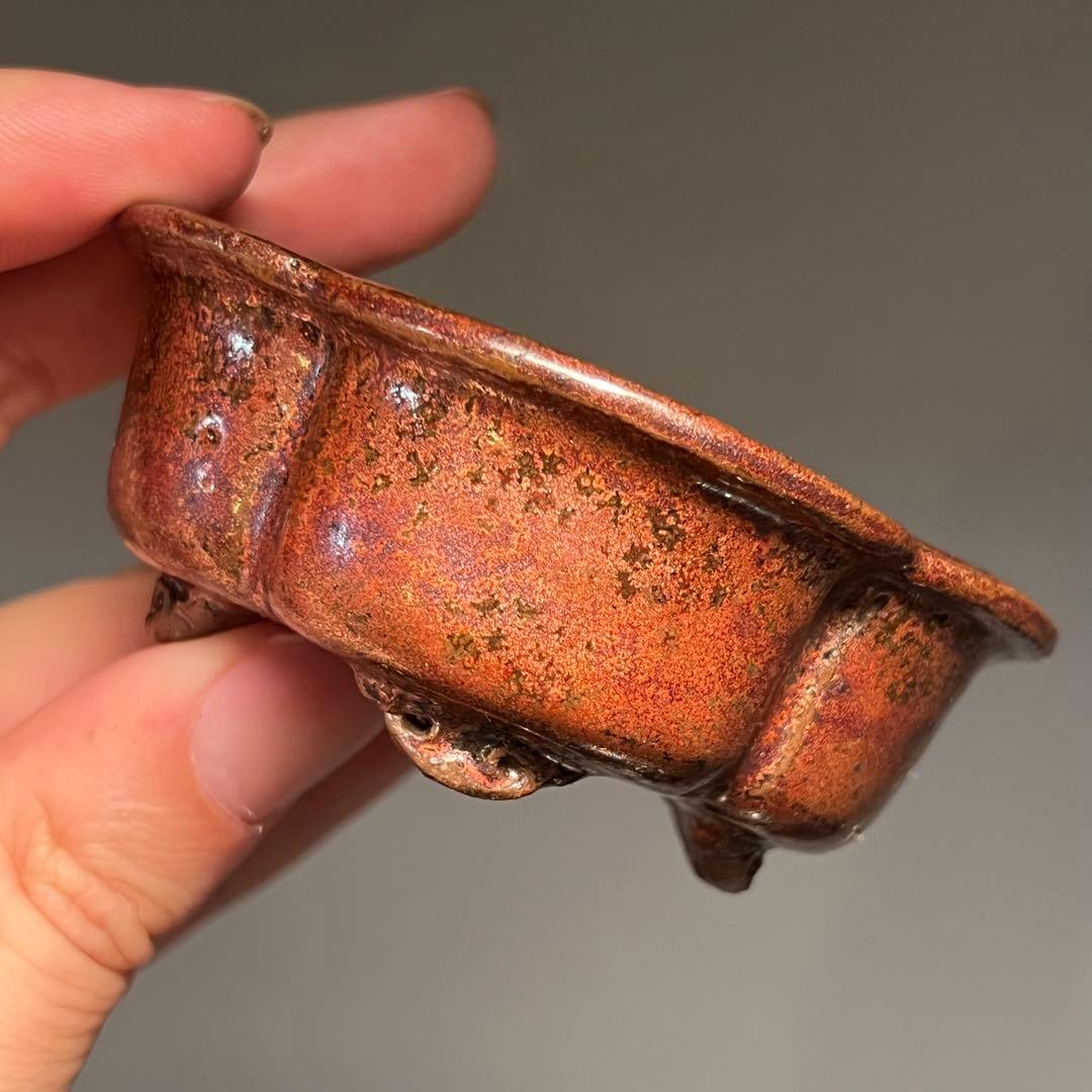 801.夢陶 赤鉄釉雲足木瓜 盆栽鉢 植木鉢 7.8*6.3*3cm