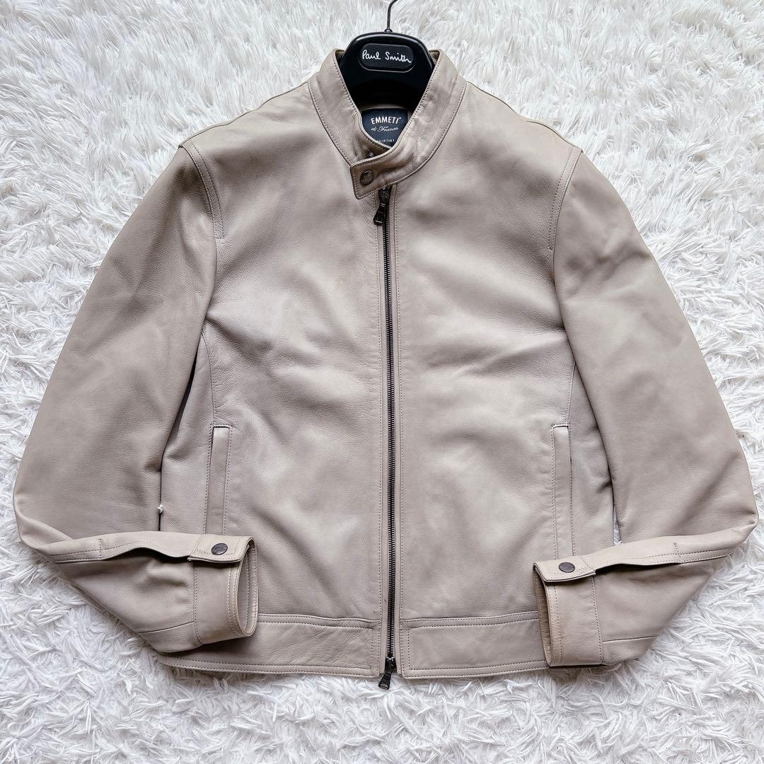 美品 エンメティ ラムレザー シングル ライダース アウター 46 伊製 高級