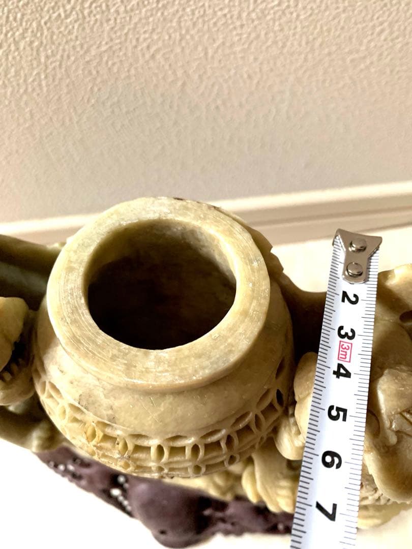 『中国』天然石 青田石 骨董彫刻アンティーク 獅子鈕蓋爐 超大香炉 置物(5)