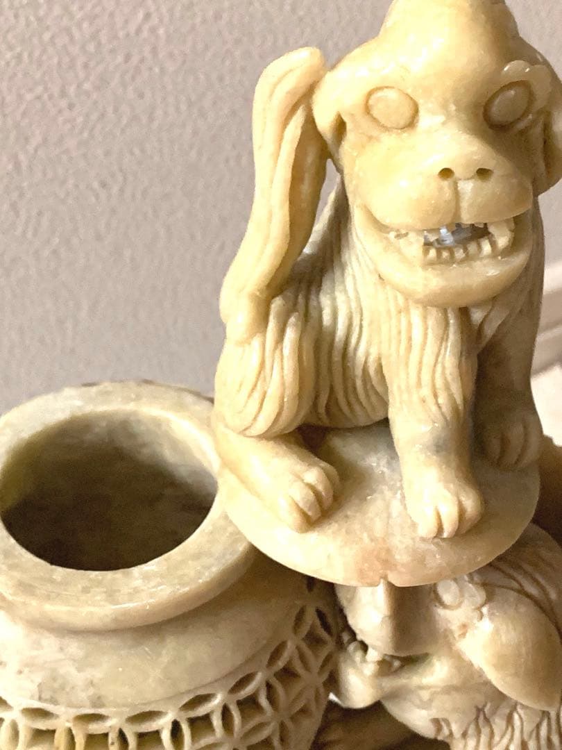 『中国』天然石 青田石 骨董彫刻アンティーク 獅子鈕蓋爐 超大香炉 置物(5)