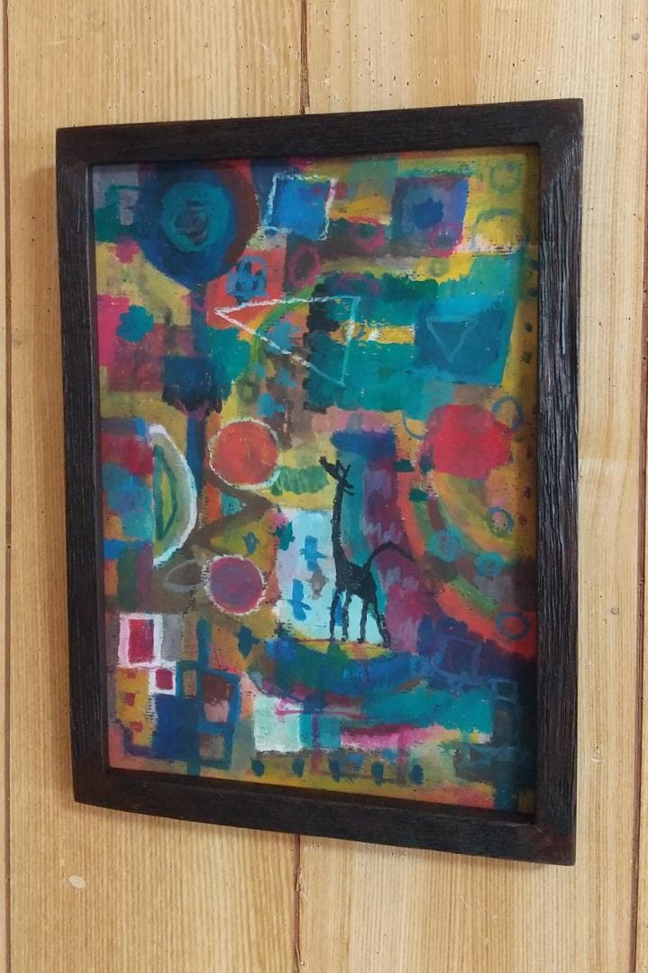 キリンのクレパス画 木製フレーム付き