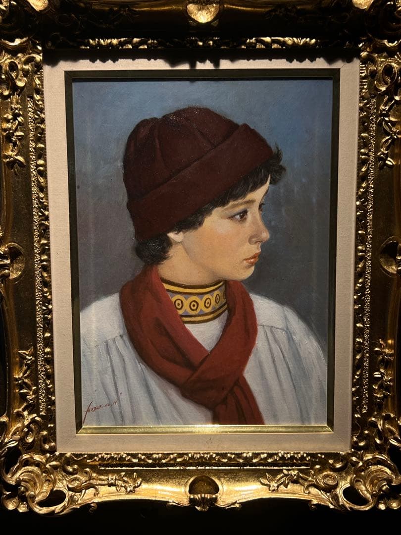 他の方発送×中村英夫【赤いマフラー】油彩画　肉筆原画