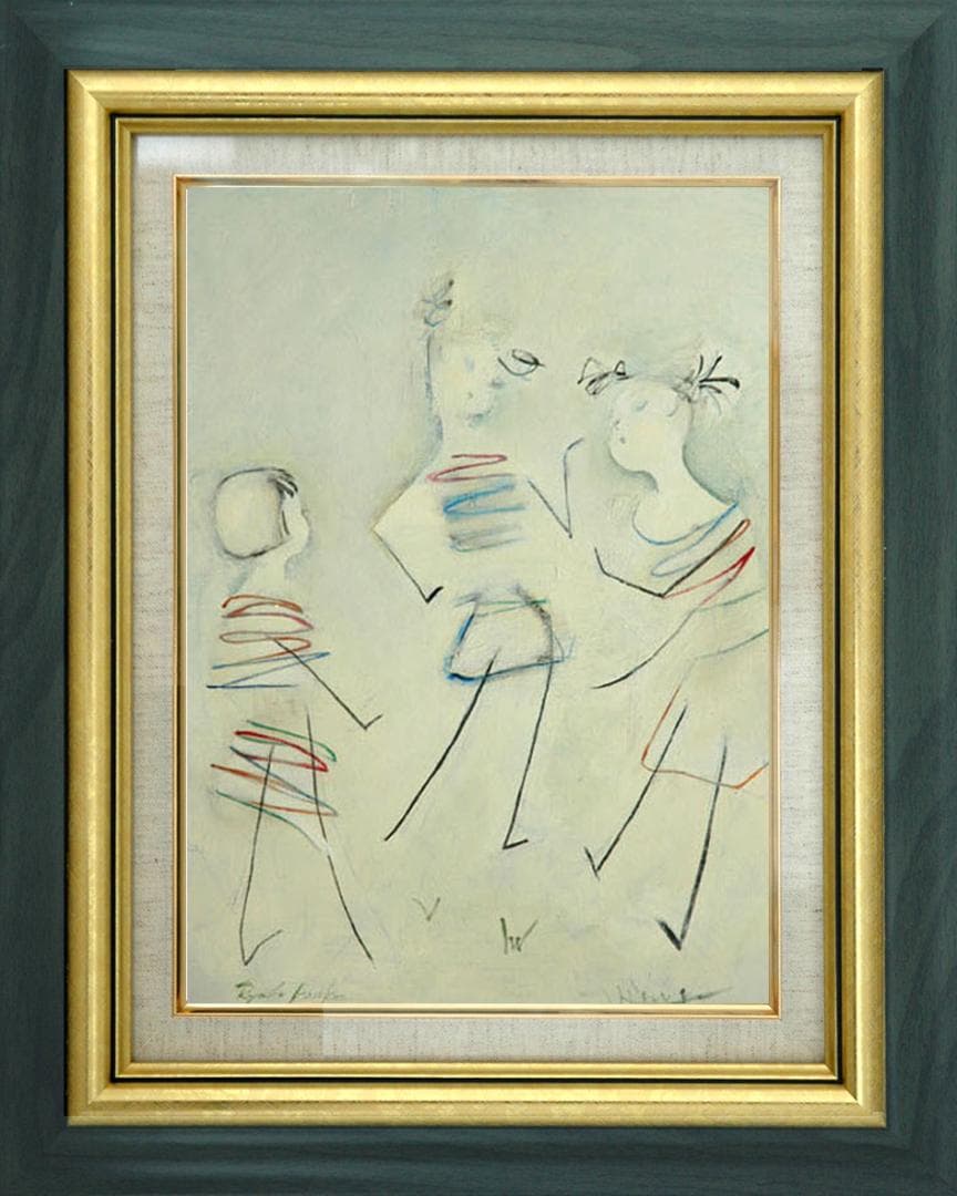 油絵 絵 絵画インテリア 額付(青緑＋金色の枠) F4-051513 可愛い子供