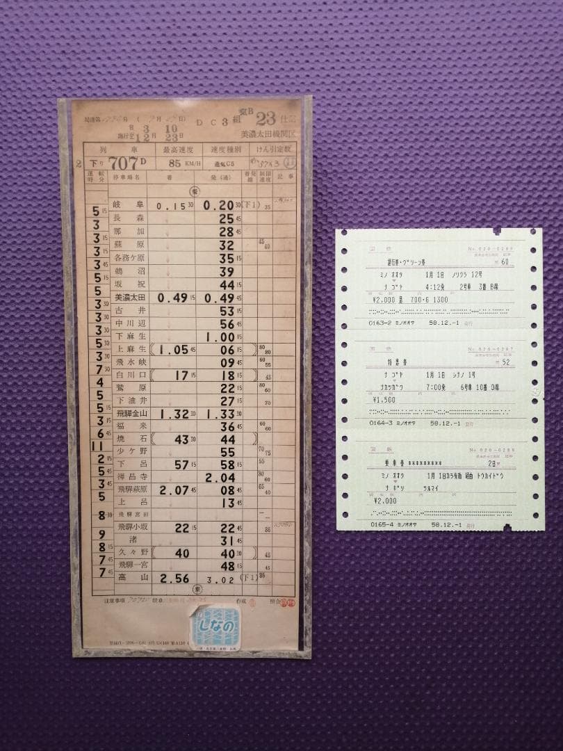 旧国鉄　高山本線　夜行急行（のりくら6号）運転時刻表（スタフ）