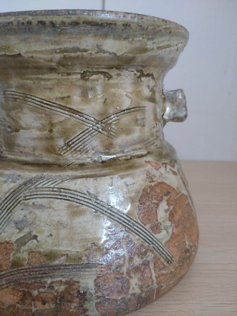 【青瓷名工】灰被伊賀水指　鈴木三成　橘窯　本人作　破れ袋