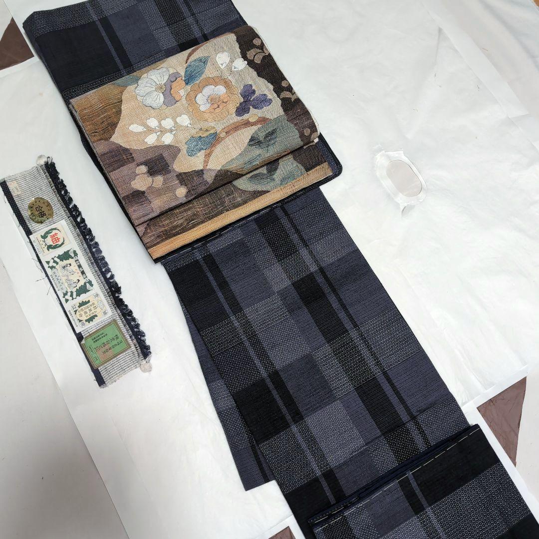 専用 未使用 単衣 胴抜き 本場結城紬 亀甲100 格子東京青山ゑり華 証紙