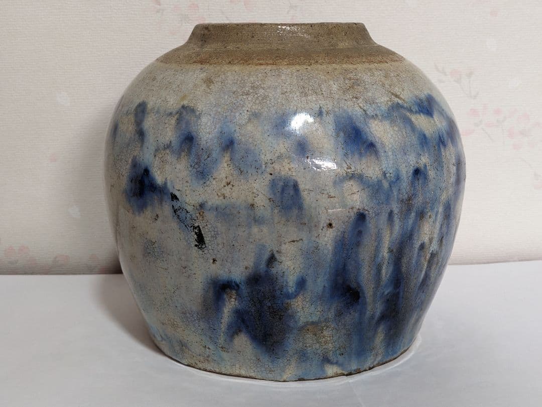 ♦古陶磁 壺 胴継ぎ 染付 藁灰釉 江戸時代 置物飾り 骨董品