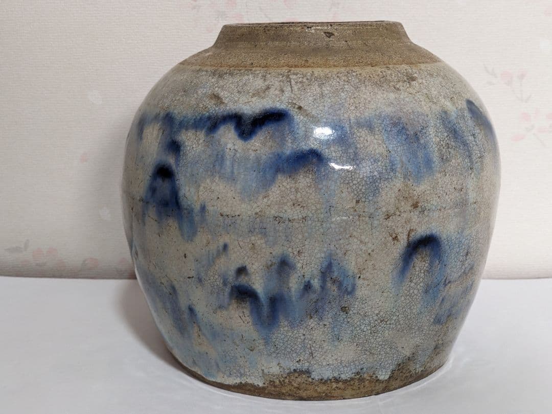 ♦古陶磁 壺 胴継ぎ 染付 藁灰釉 江戸時代 置物飾り 骨董品