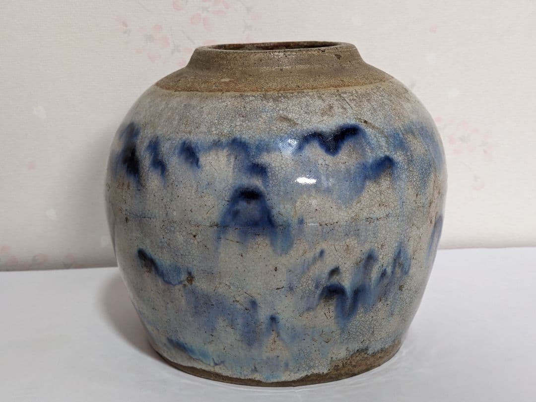 ♦古陶磁 壺 胴継ぎ 染付 藁灰釉 江戸時代 置物飾り 骨董品