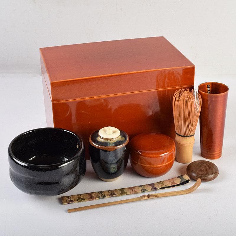 茶道具　春慶塗　利休茶箱　棗　黒楽茶碗など　七点　一式　M　R9432