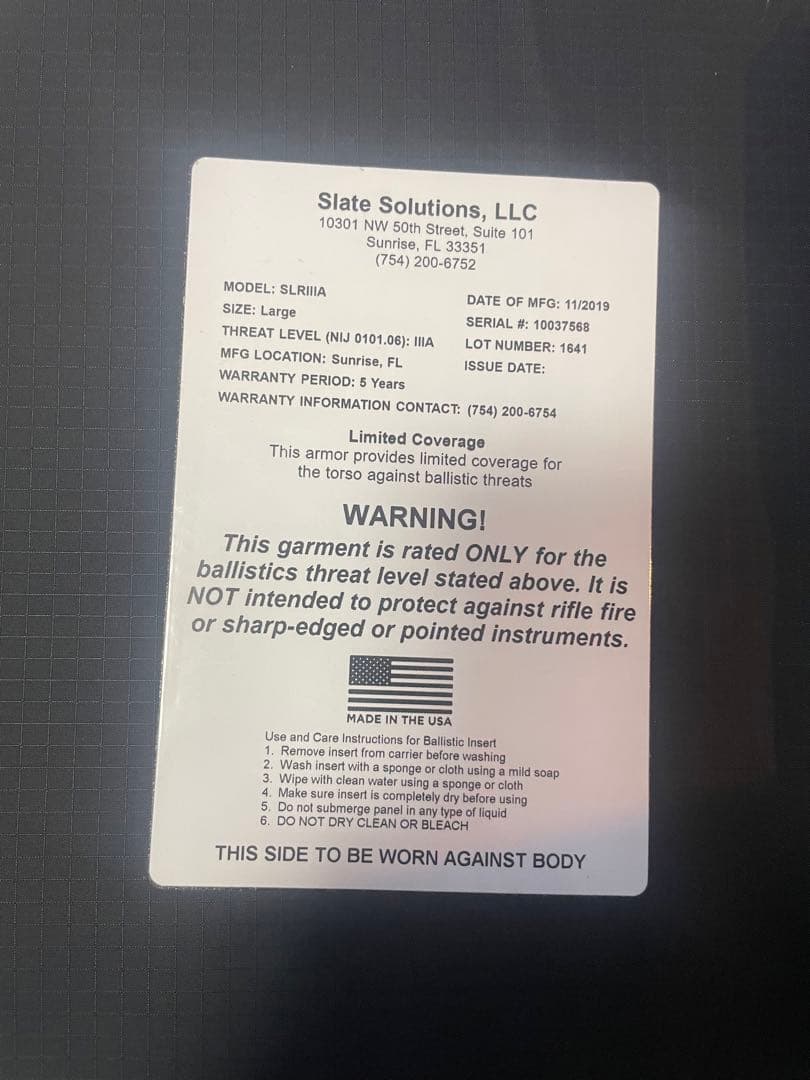実物 防弾ソフトアーマープレート NIJ IIIA Large 米国製 M105