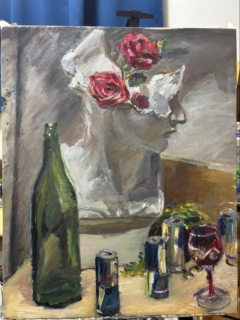 油彩画 花と彫刻の静物画f15号