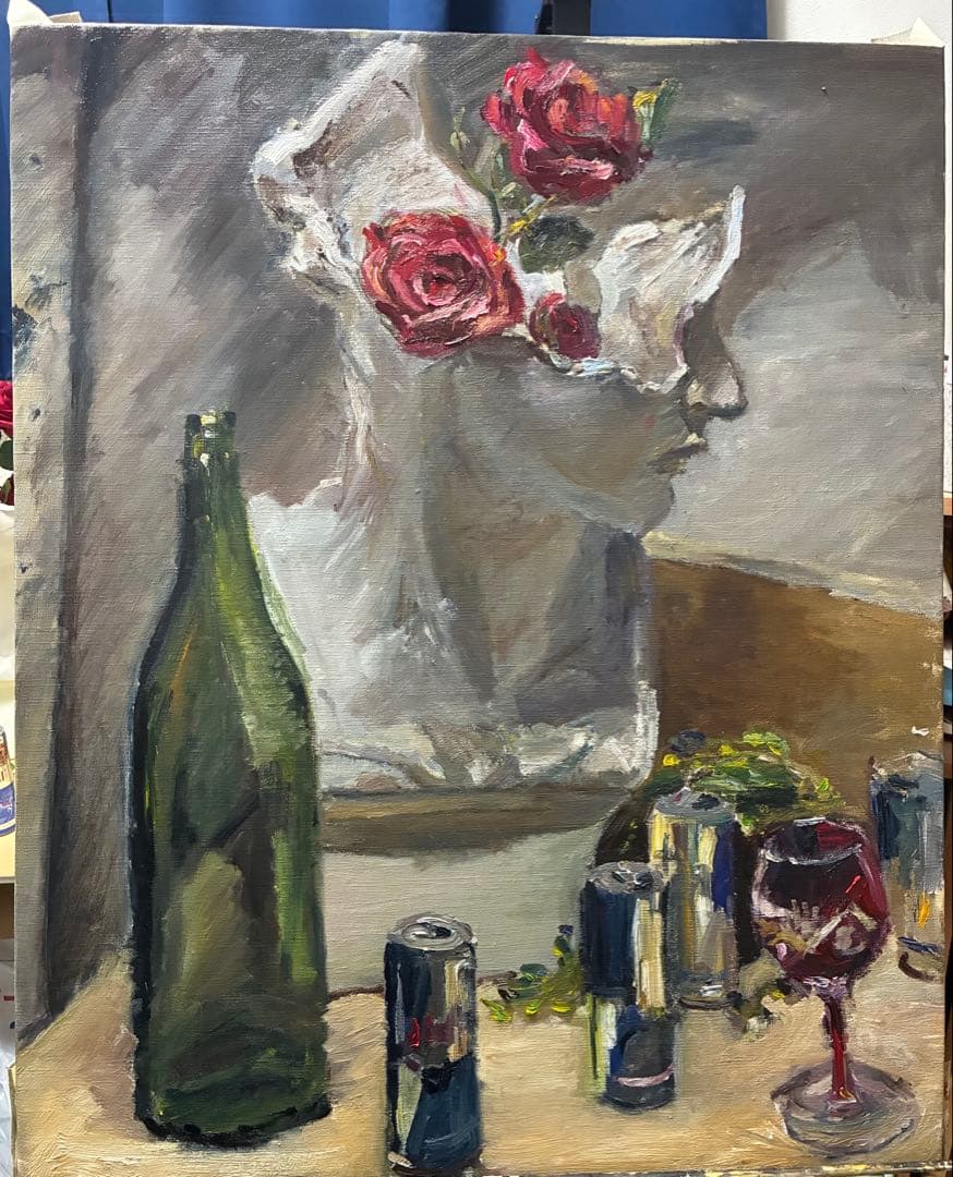 油彩画 花と彫刻の静物画f15号