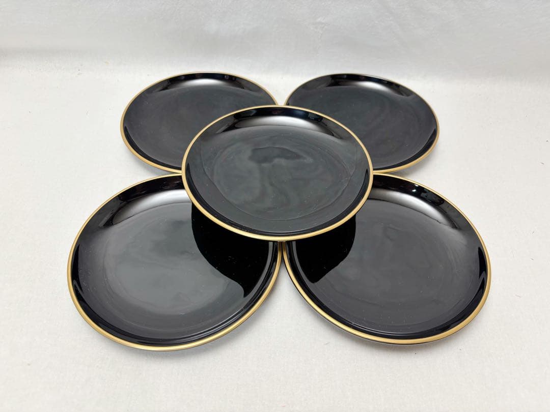 未使用 茶道具 龍作 輪島塗 天然木製 渕金呂色 銘々皿5客揃 茶器 栞 共箱