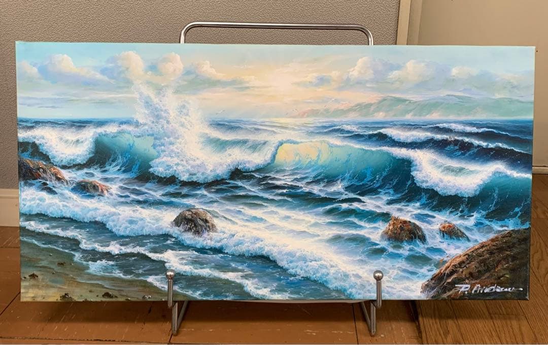 油彩　肉筆　波　海　油絵