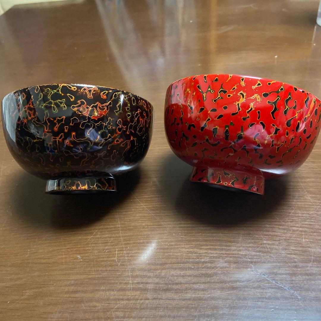 希少　津軽塗　夫婦椀　唐塗　呂漆器 椀 1セット 赤 黒