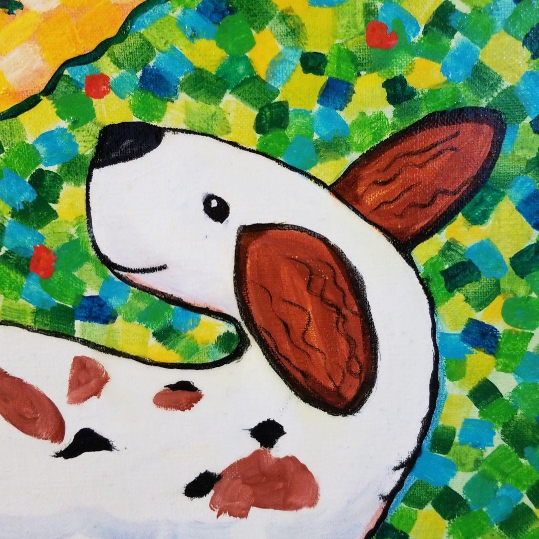 油絵　Yumiko確認　友だちの歌を聴く犬