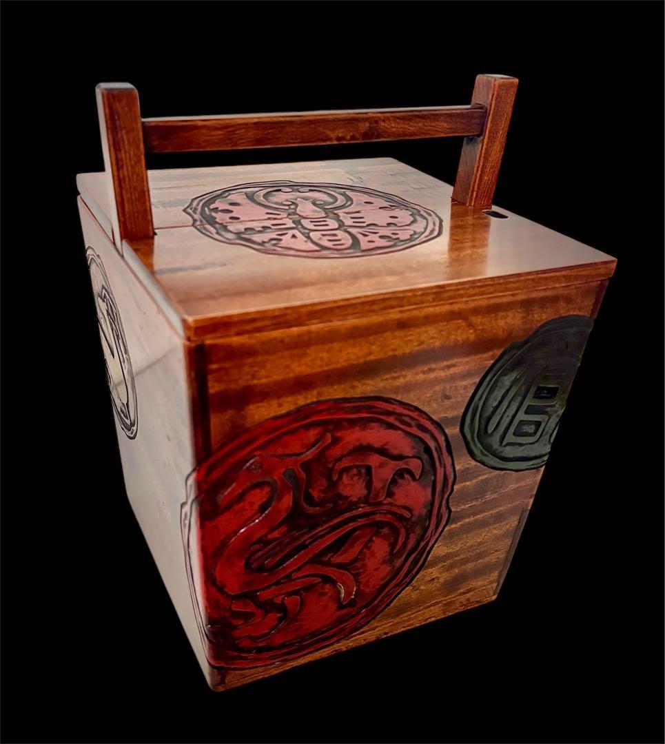 岡山特産　烏城彫　炭斗箱　炭とり箱　茶道具　箱炭　木製　割蓋　伝統工芸品　レトロ