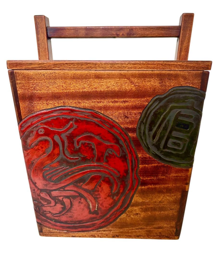 岡山特産　烏城彫　炭斗箱　炭とり箱　茶道具　箱炭　木製　割蓋　伝統工芸品　レトロ