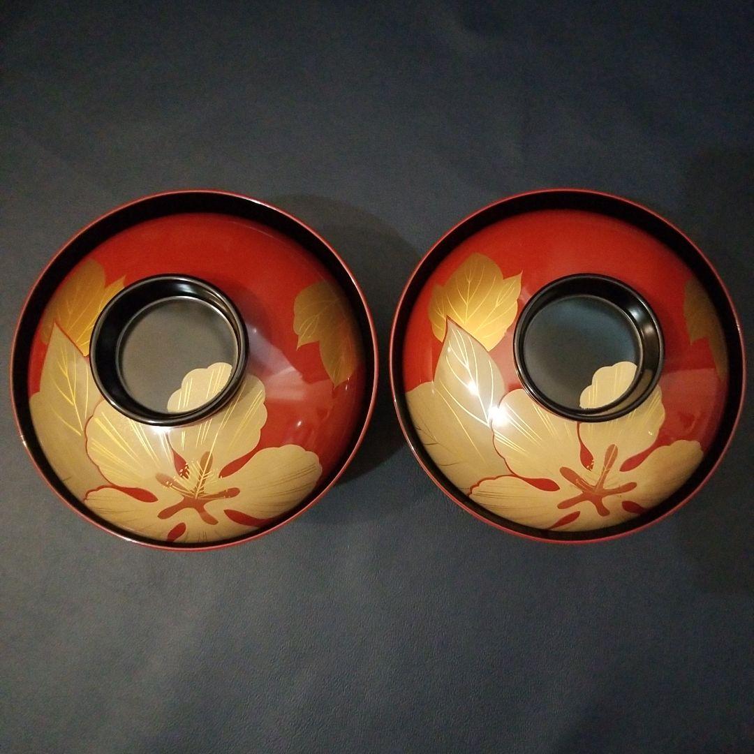 能登輪島塗 朱漆内黒 芙蓉花蒔絵のお椀 5客